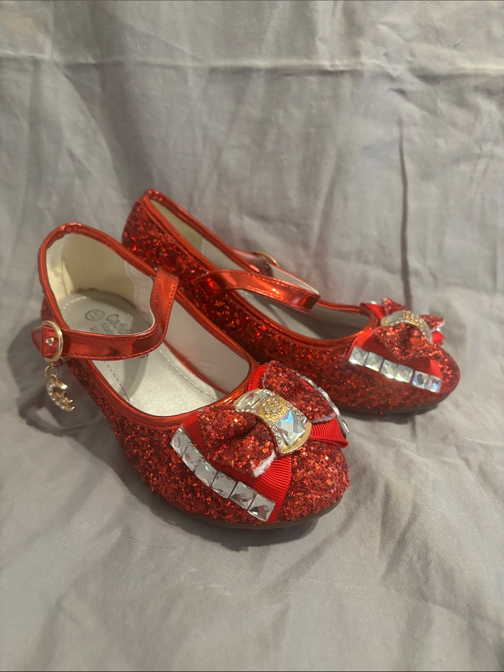 Girls' Red Glitter Bow Mary Jane Dress Shoes with Jewel Accent